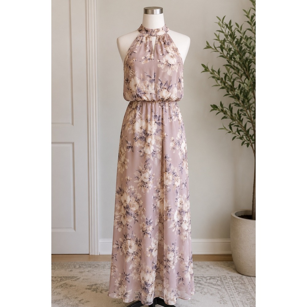Sienna Sky Floral‎ Halter Maxi Dress Size L Blush Pink Sleeveless Overlay NWT
